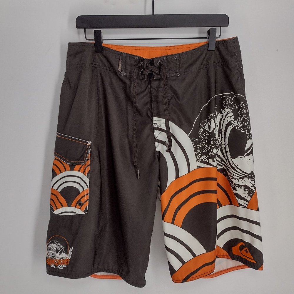Quiksilver Cargo Side Pocket Embroidered Logo Brown Orange & White Board Shorts